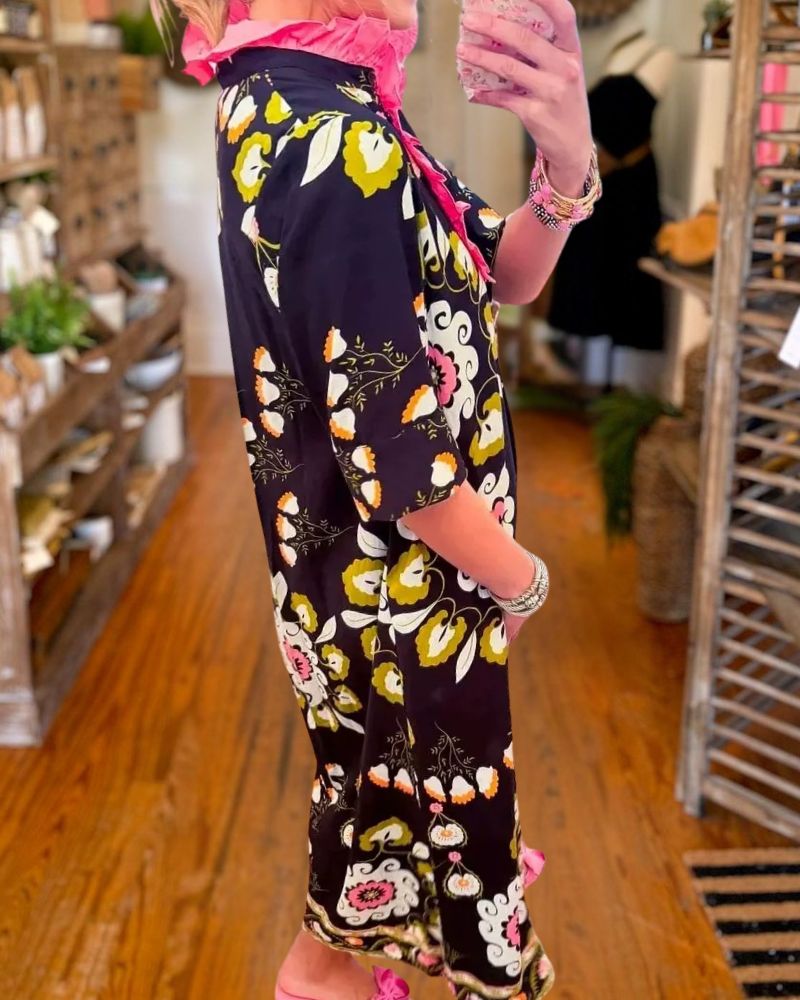 Vintage Floral Ruffle Neck Midi Dress