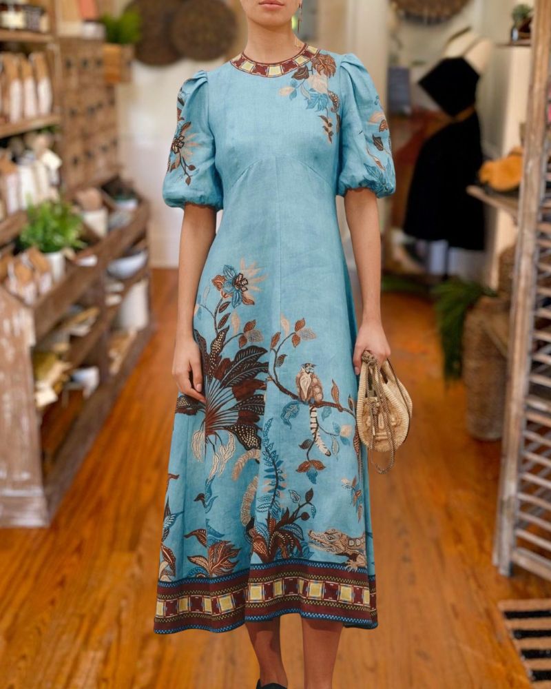 Designer Inspired Blue Botanical Puff Sleeve Maxi Dress