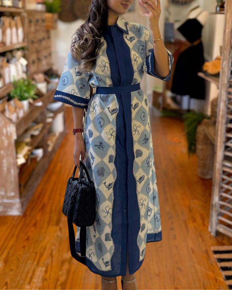 Elegant Waist-Tie Printed Linen Dress