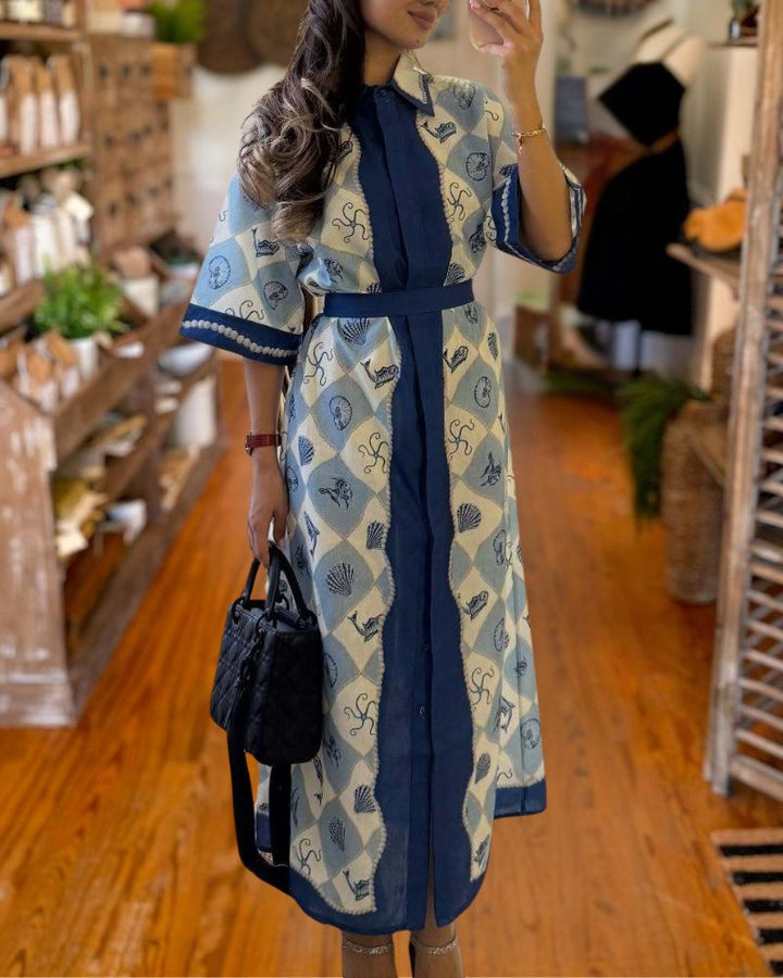Elegant Waist-Tie Printed Linen Dress