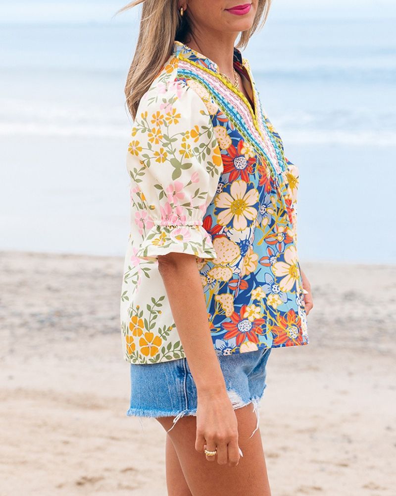 Printed Short-Sleeve Chiffon Shirt