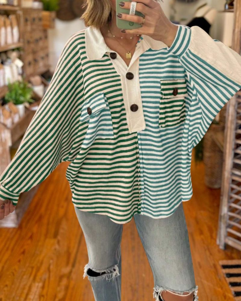 Casual Loose Fit Color Block Striped Top