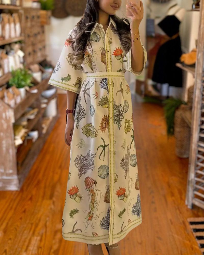 Elegant Waist-Tie Printed Linen Dress