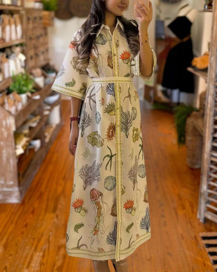Elegant Waist-Tie Printed Linen Dress