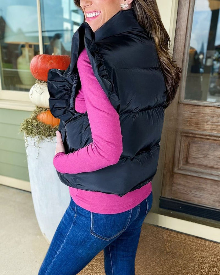 Cropped Pocketed Ruffle Sleeve Zip Up Puffer Vest