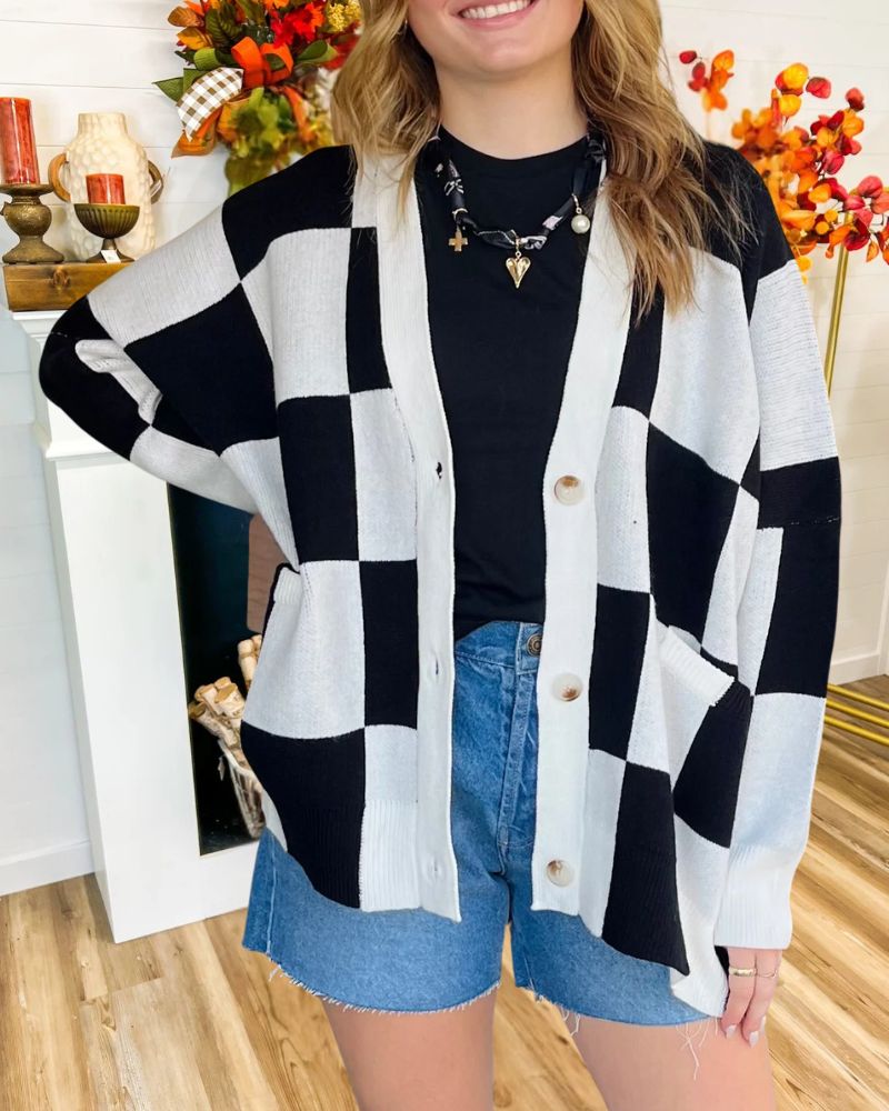 Casual Loose Color Block Plaid Knit Cardigan