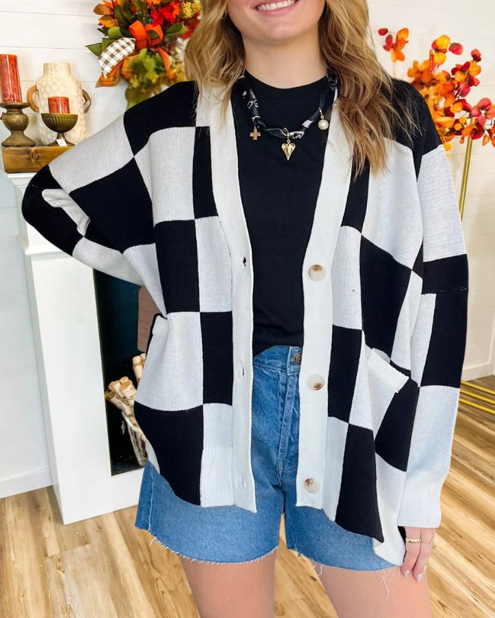 Casual Loose Color Block Plaid Knit Cardigan