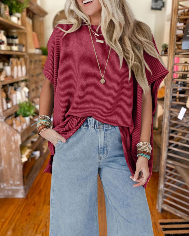 Summer Knitted Oversized Bat Sleeve T-Shirt