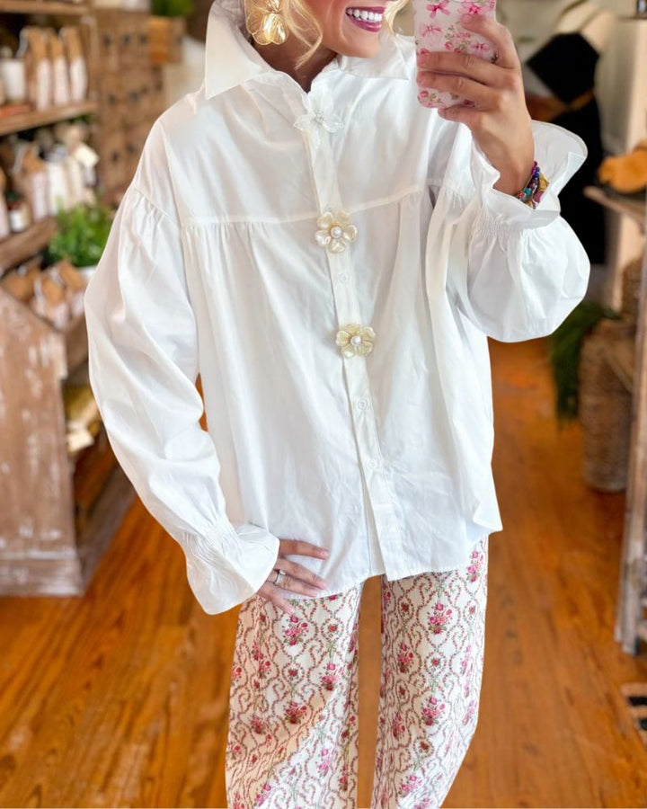 White Shirt with Flower Buttons