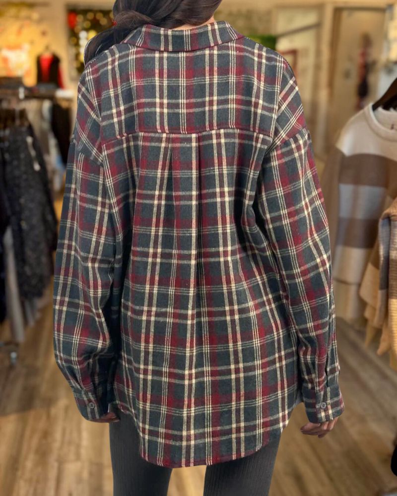 Retro-Inspired Lapel Plaid Shirt