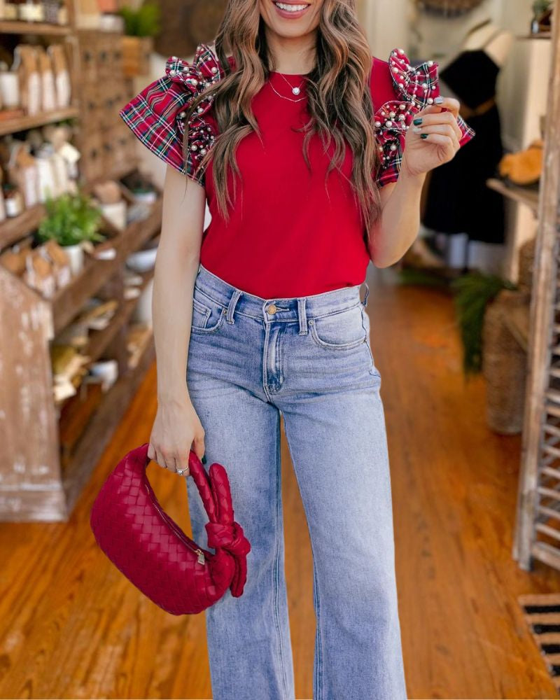 Christmas Plaid Ruffle Sleeve Top
