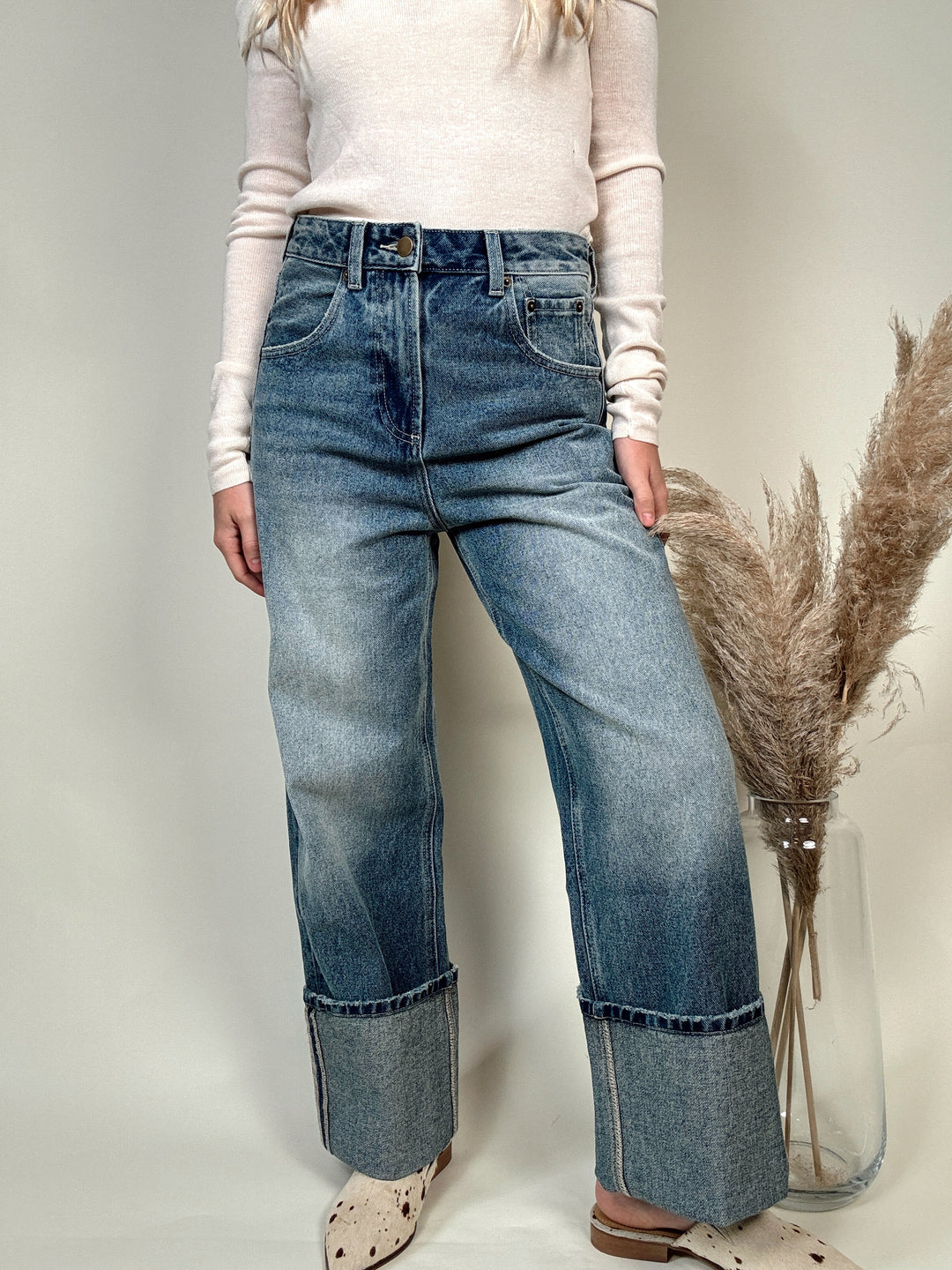 Hem Straight Leg Denim Pants