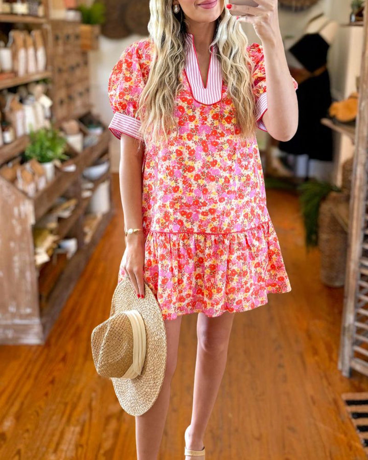 Chic Floral Striped Mixed Print Mini Dress