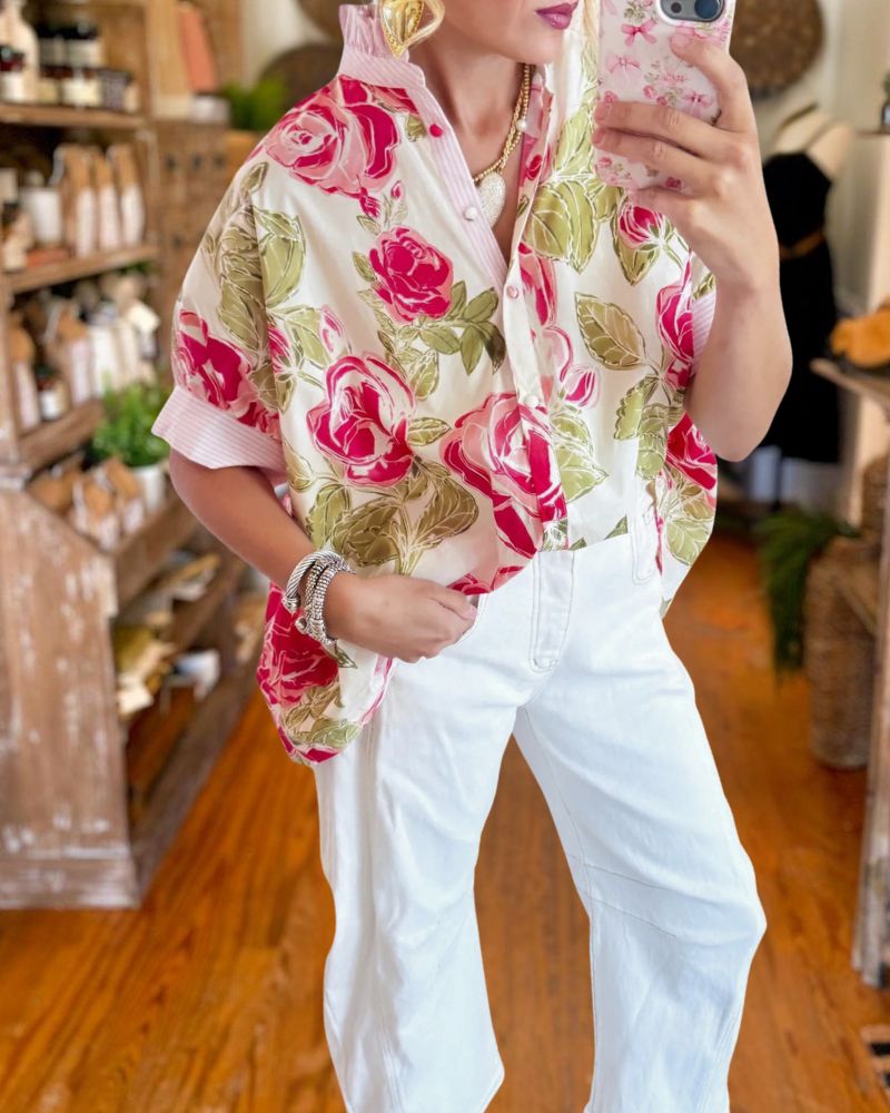 Floral Print Stand Collar Loose Blouse