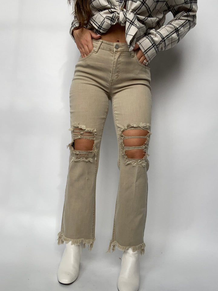 High Rise Sand Straight Leg Distressed Jeans