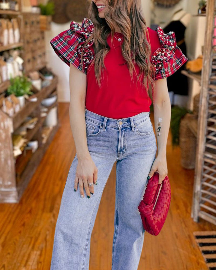 Christmas Plaid Ruffle Sleeve Top