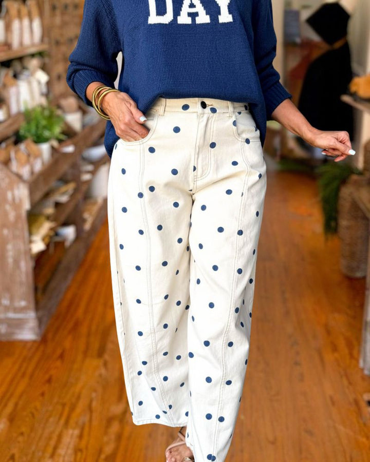White Polka Dot Straight Leg Pants