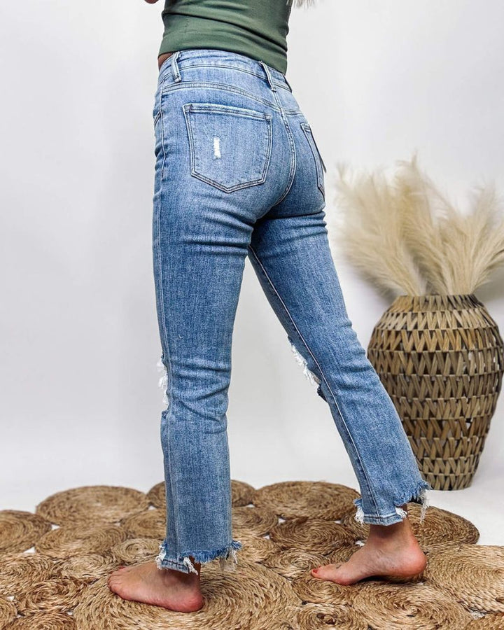 Trendy High Waist Tassel Ripped Wide Leg Jeans