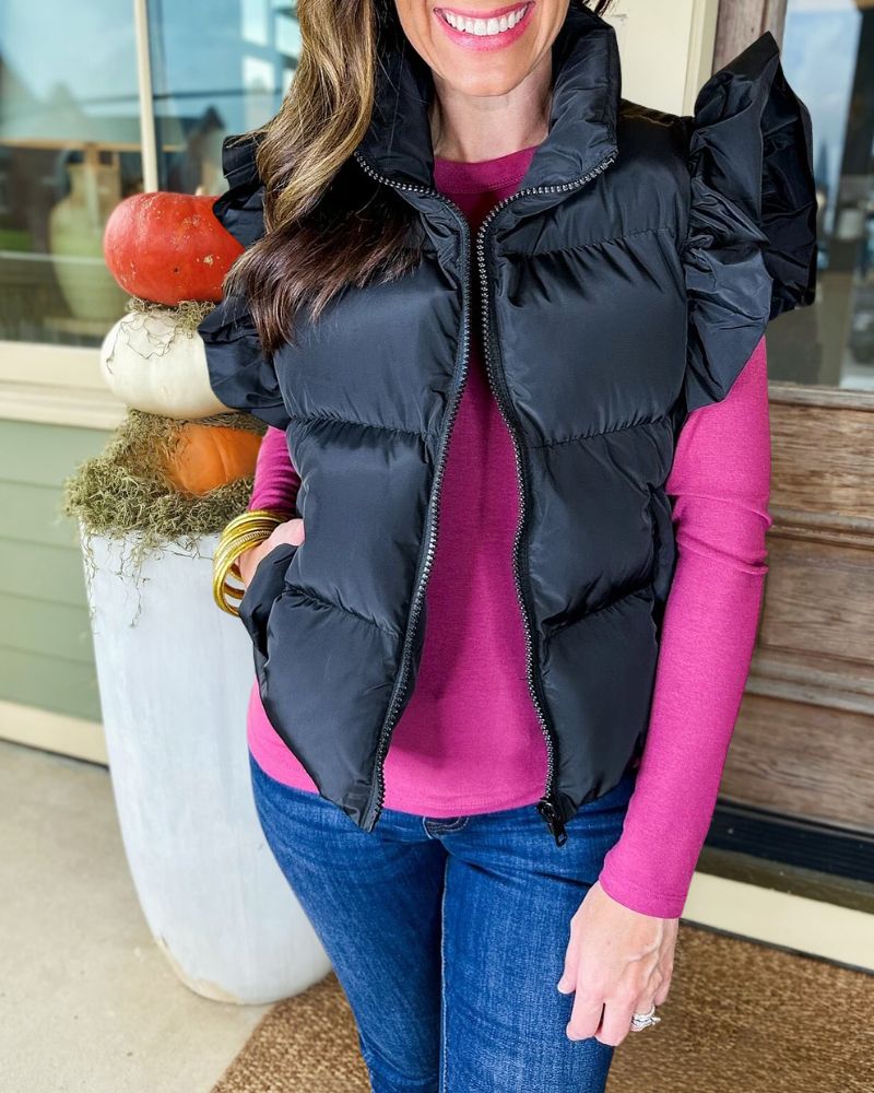 Cropped Pocketed Ruffle Sleeve Zip Up Puffer Vest