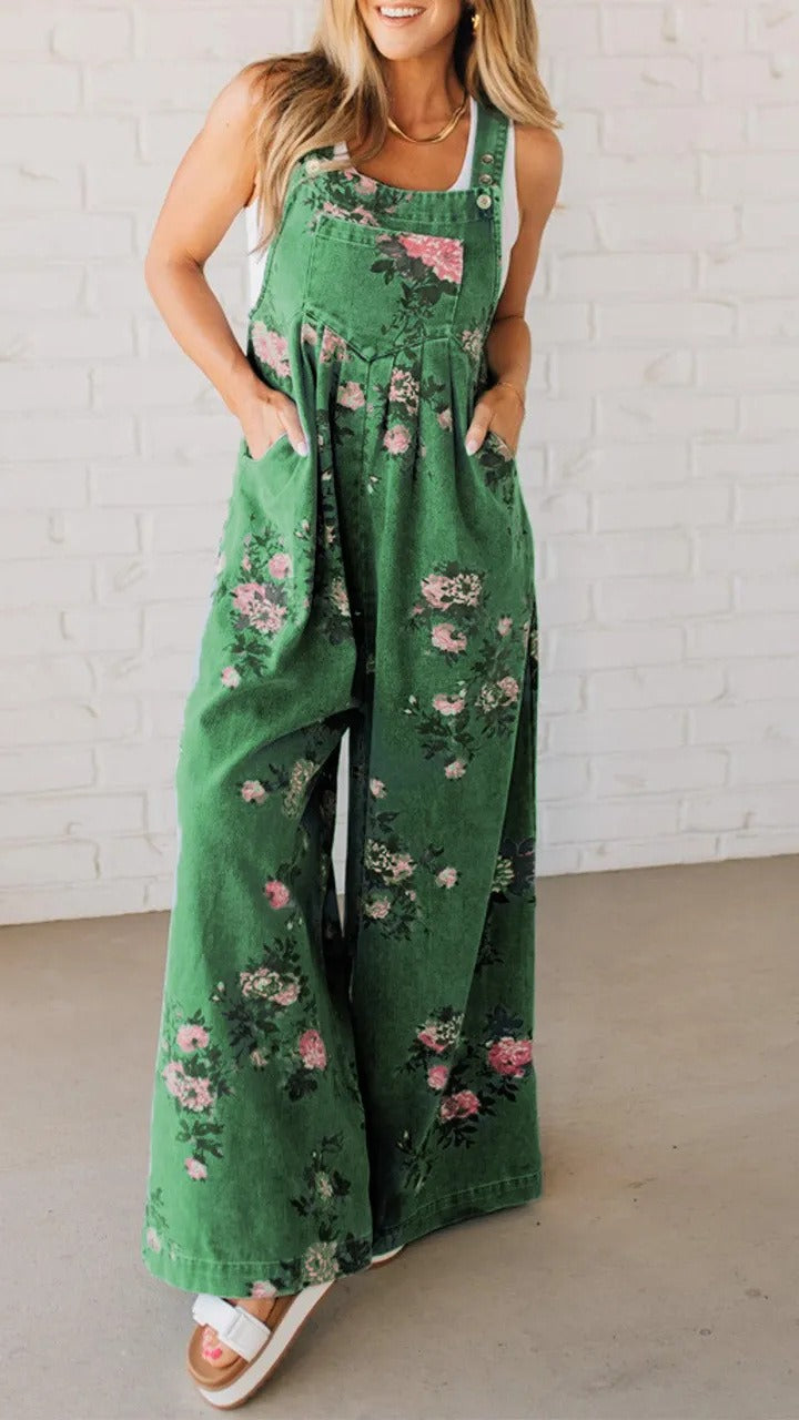 Floral Denim Sleeveless Jumpsuit