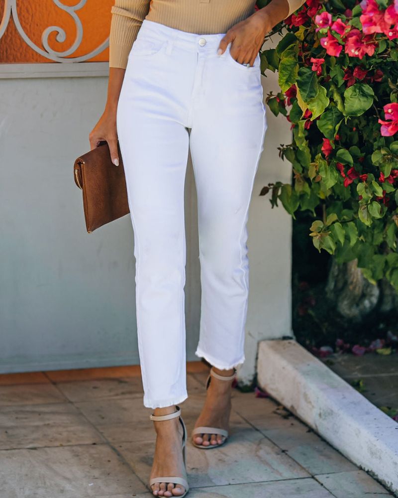 Casual White Frayed Hem Cropped Jeans