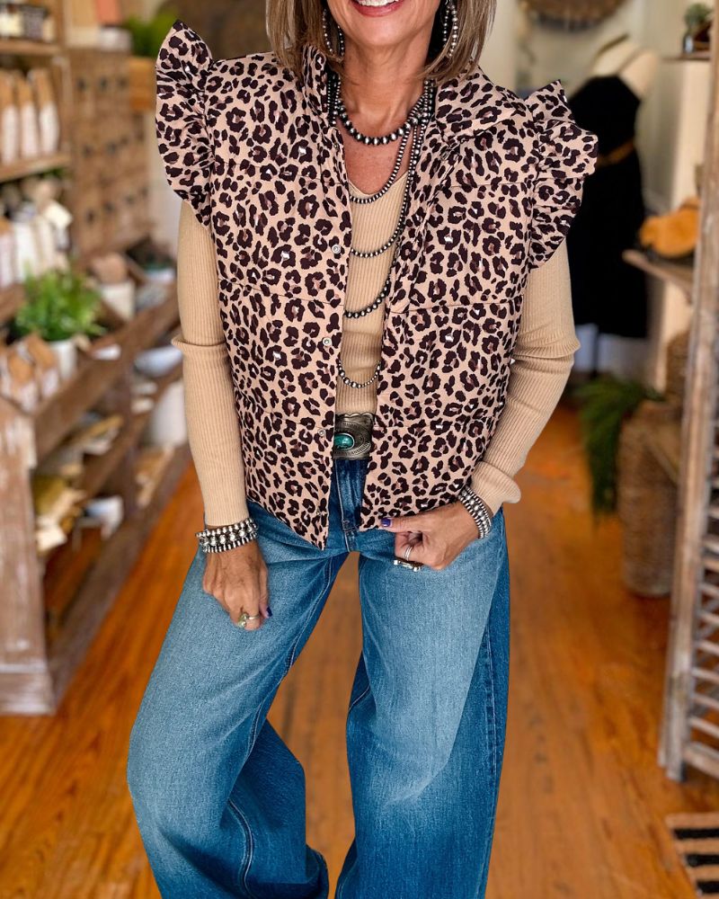 Trendy Leopard Print Ruffle Sleeve Cotton Vest
