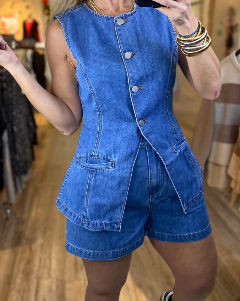 Fashion Washed Denim Vest Shorts Set