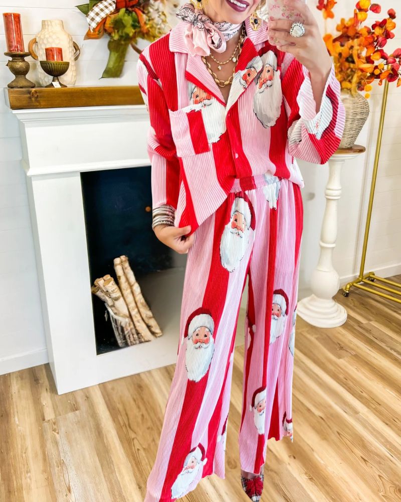 Contrast Stripe Santa Print Pajama Set