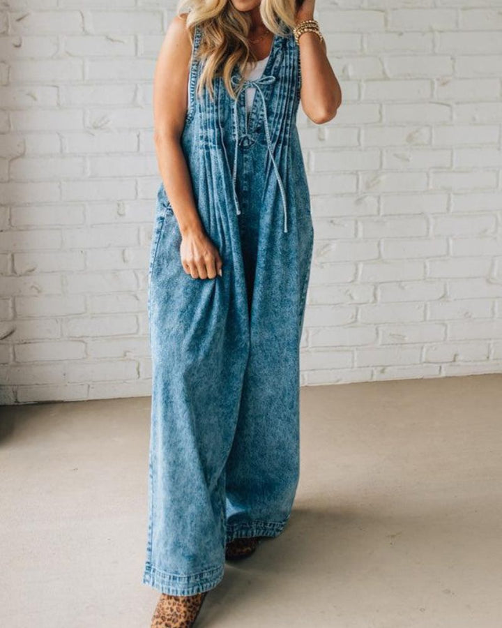 Pleated Sleeveless Denim Jumpsuit