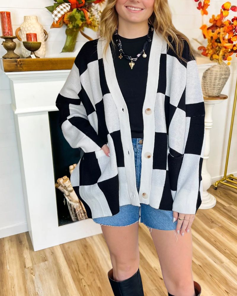 Casual Loose Color Block Plaid Knit Cardigan