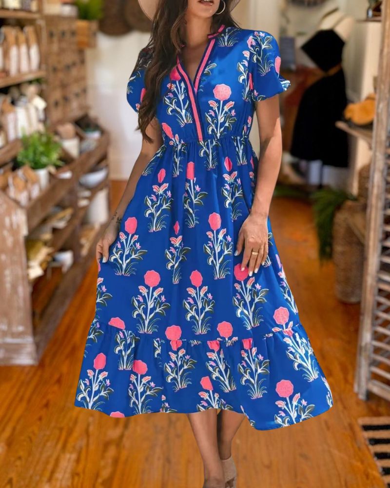 Elegant Blue Floral Puff Sleeve Midi Dress