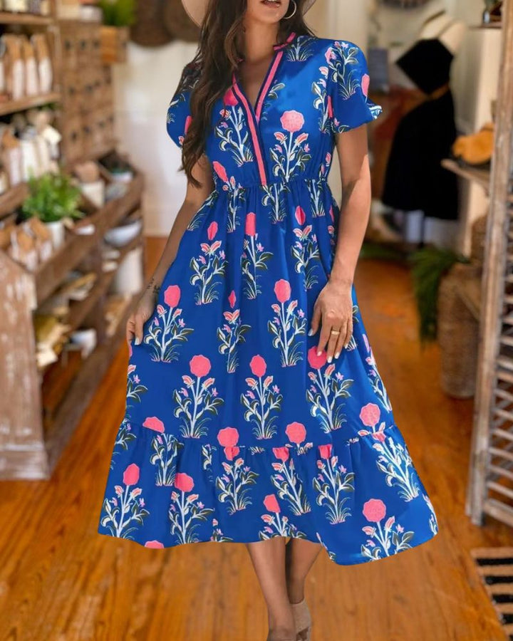 Elegant Blue Floral Puff Sleeve Midi Dress