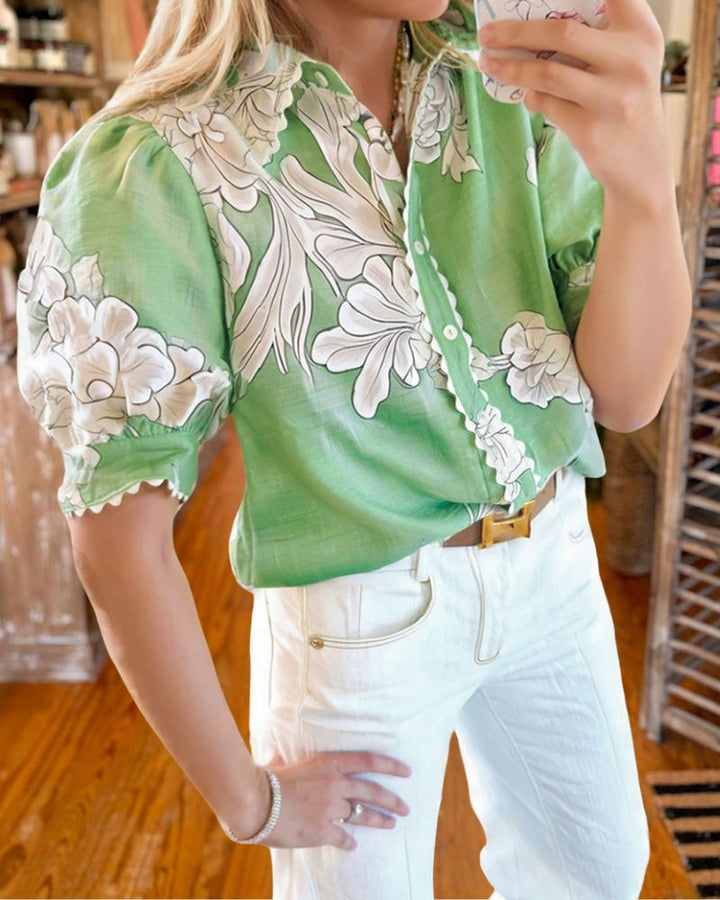 Casual Floral Print Ruffle Lapel Shirt