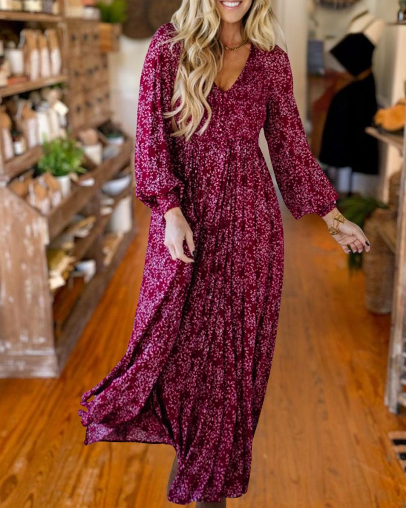 Polka Dot V-Neck Long Sleeve Maxi Dress