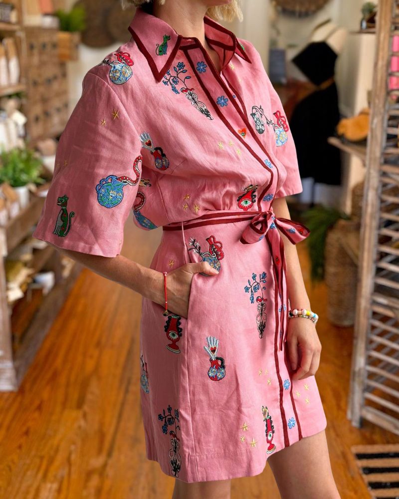 Inspired Creative Print Belted Shirt Mini Dress