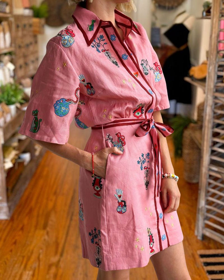 Inspired Creative Print Belted Shirt Mini Dress