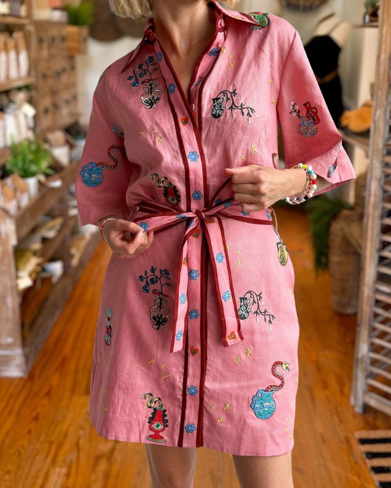 Inspired Creative Print Belted Shirt Mini Dress