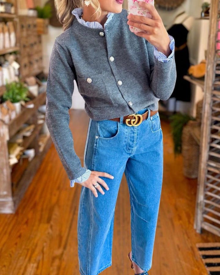 Preppy Knit Cardigan with Shirt Collar