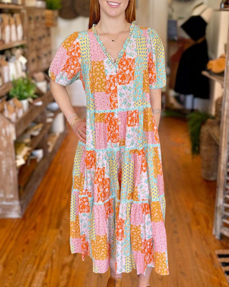 Boho Patchwork Floral Midi Dress