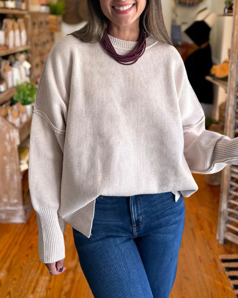 Cozy Batwing Sleeve Side Slit Knit Sweater