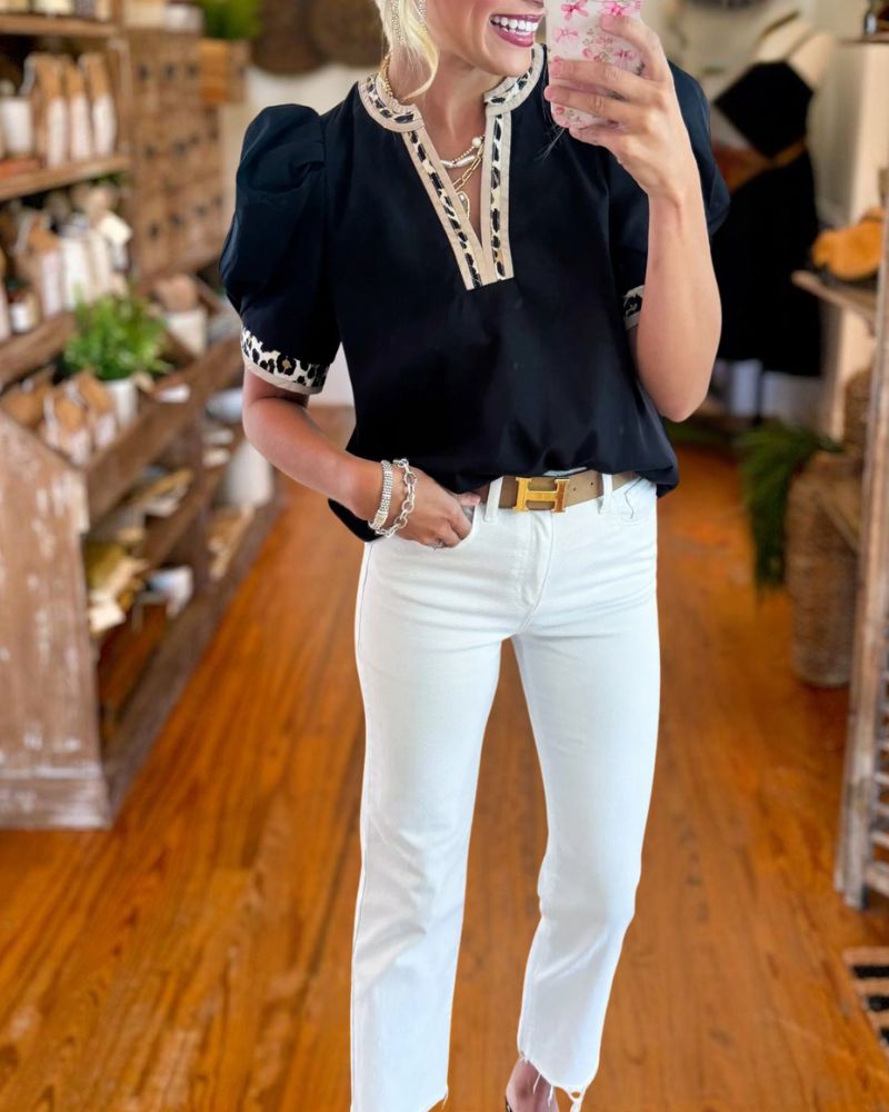 Elegant Leopard Print Puff Sleeve Top 