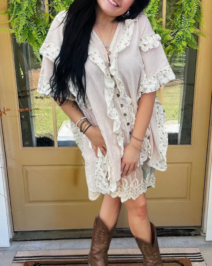 Ruffle Trim Printed Vacation Dress