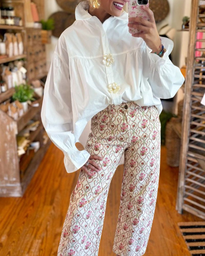 White Shirt with Flower Buttons