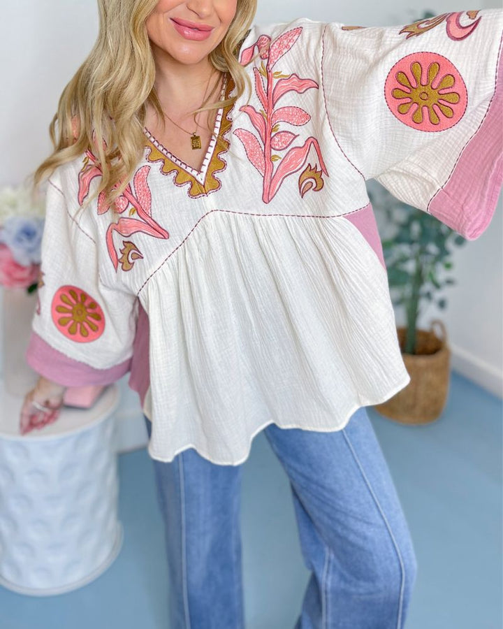 Casual Cotton & Linen V-Neck Print Top