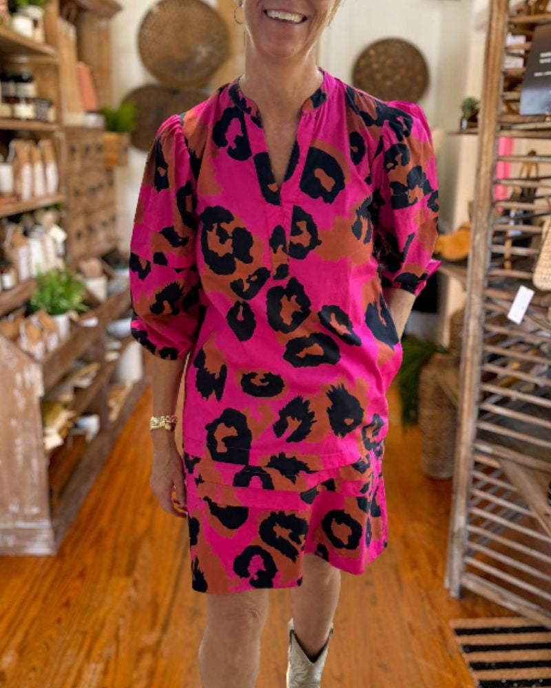 Pink Leopard Print V-Neck Long Sleeve Mini Dress