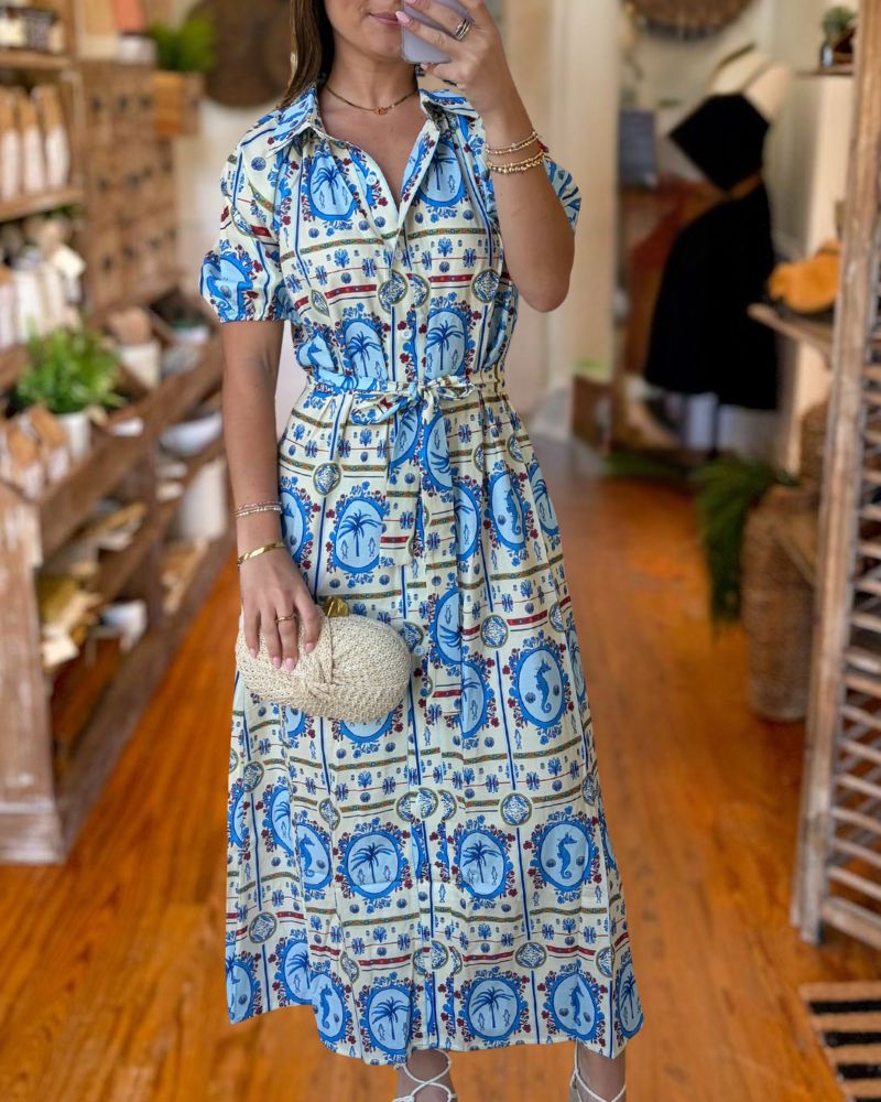 Coastal Print Belted Shirt Maxi Dress