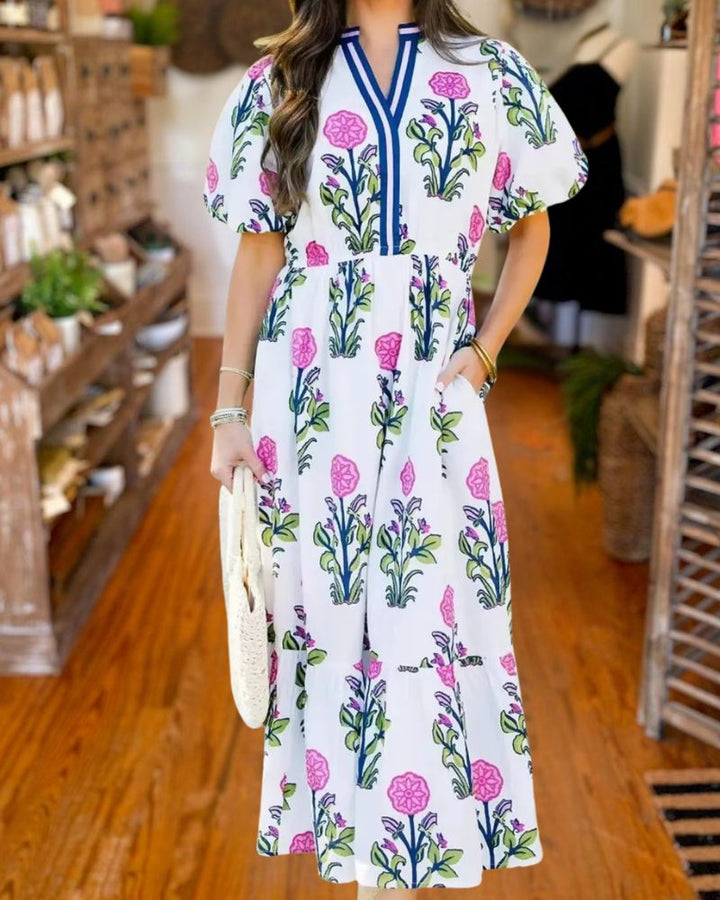 Elegant Blue Floral Puff Sleeve Midi Dress