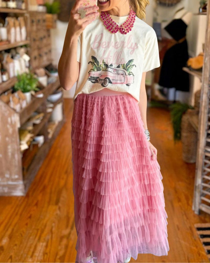 Pink Tiered Tulle Midi Skirt 