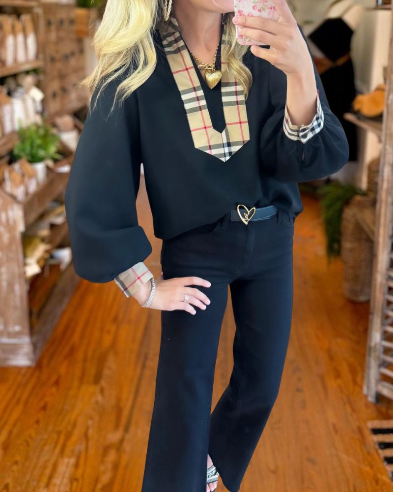 Black Plaid Collar Blouse