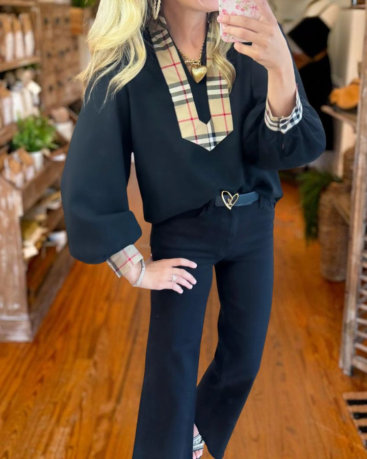 Black Plaid Collar Blouse